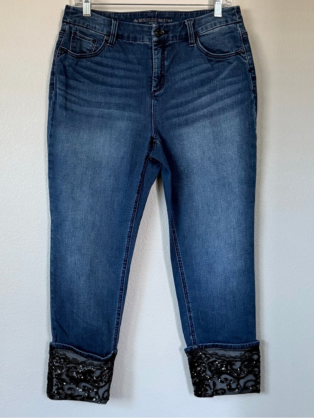 CHICO’S 1.5P Sequin Lace Cuff Cropped Jeans • Lacecuff Sequined Cuffed Denim 10P